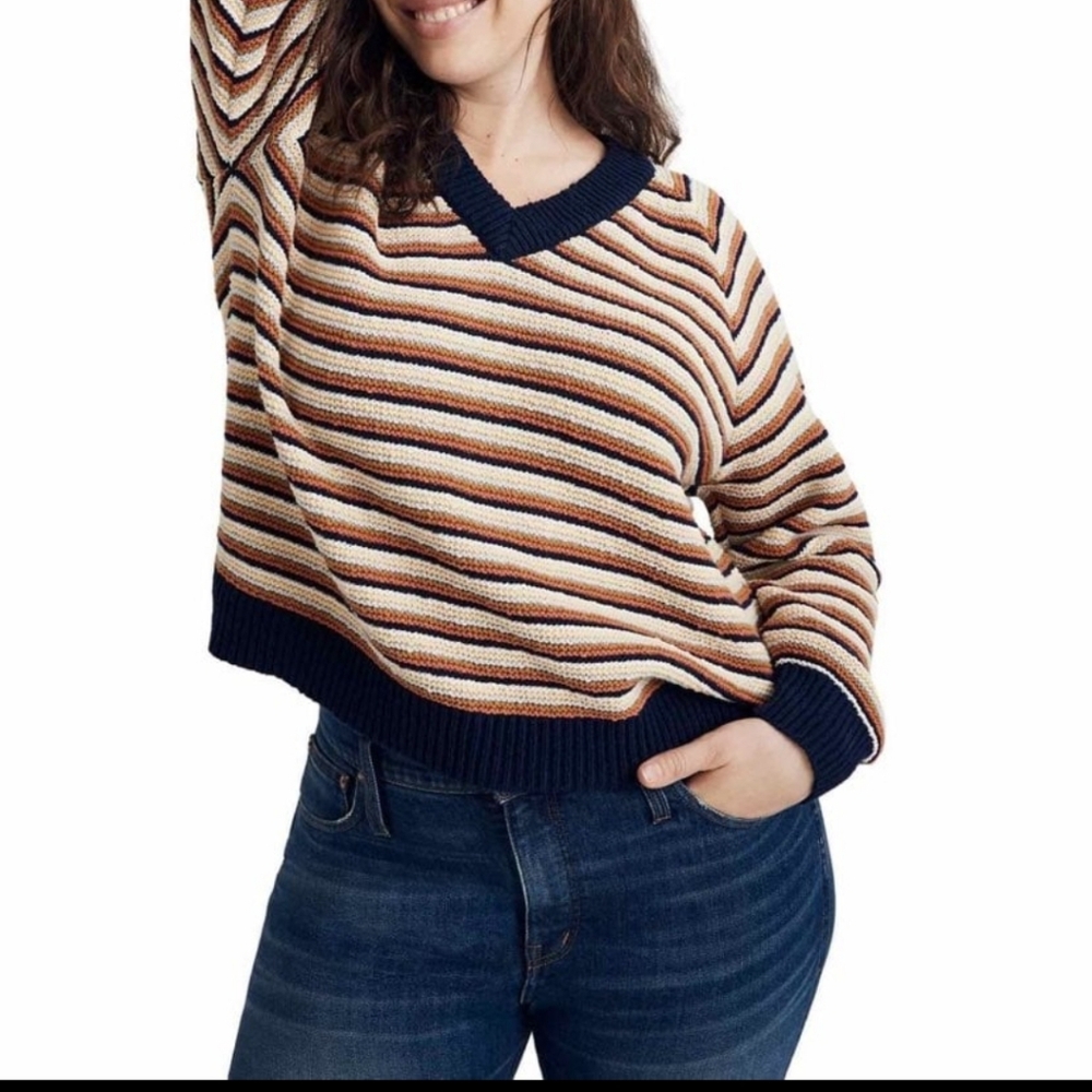 Madewell Arden Striped Chunky Knit V-Neck Sweater Small Earth Tones Ribbed